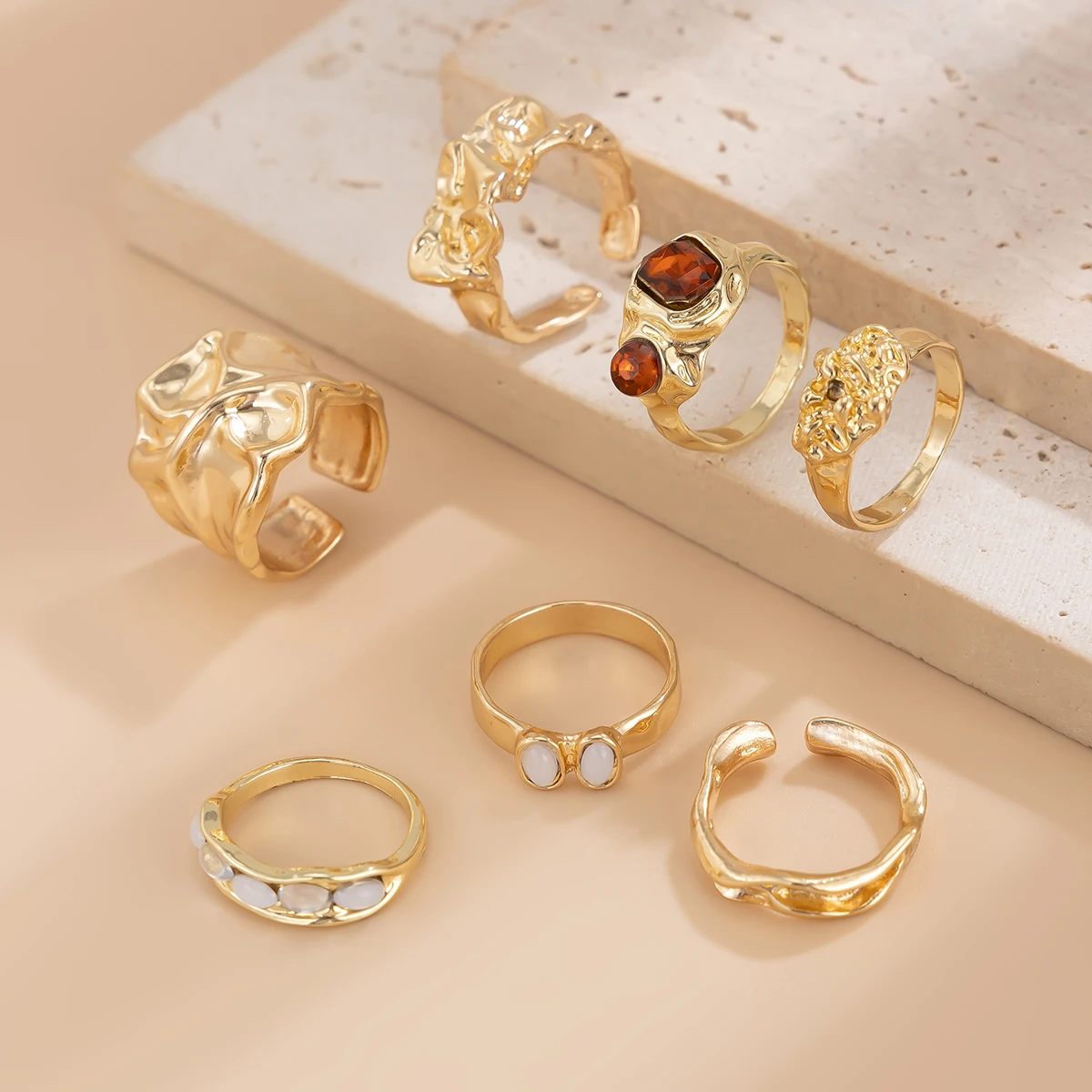 7Pcs Vintage Irregular Folded Surface Open Rings Set for Women