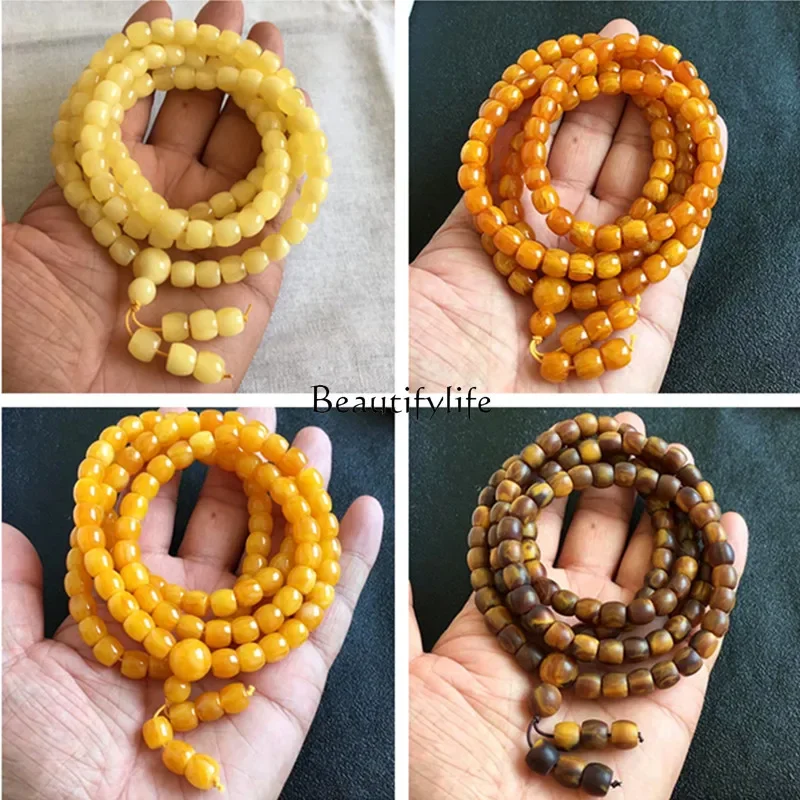 

Old beeswax bead Russian white flower reflux pattern 108 pcs waxy thick ambergris amber long chain