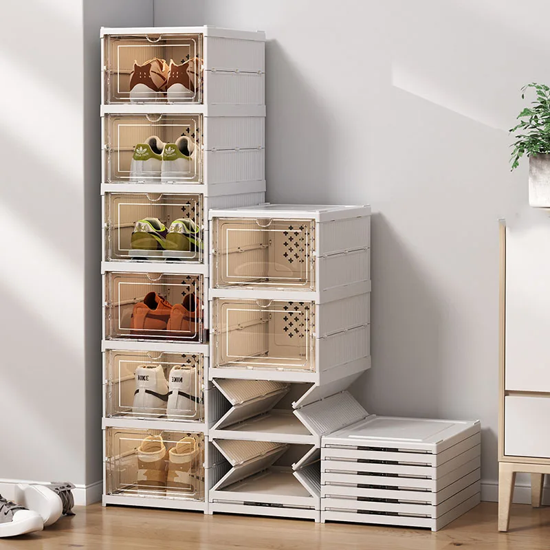 3/6 Tiers Shoes Storage Box Large Capacity Folding Shoes Shelf Plastic Dustproof Stackable Shoes Cabinet Sundries Organizer Box