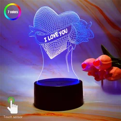 1pc Rose Love 3D Night Light, 3D Optical Illusion Lamp With Touch, 7-Color Changing Ambient Light For Bedroom