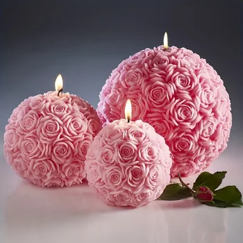 Stampo in silicone per resina con candela a sfera rosa 3D Stampo per colata di San Valentino, portacandele creativo ed elegante con fiori adatto per lattina fai-da-te