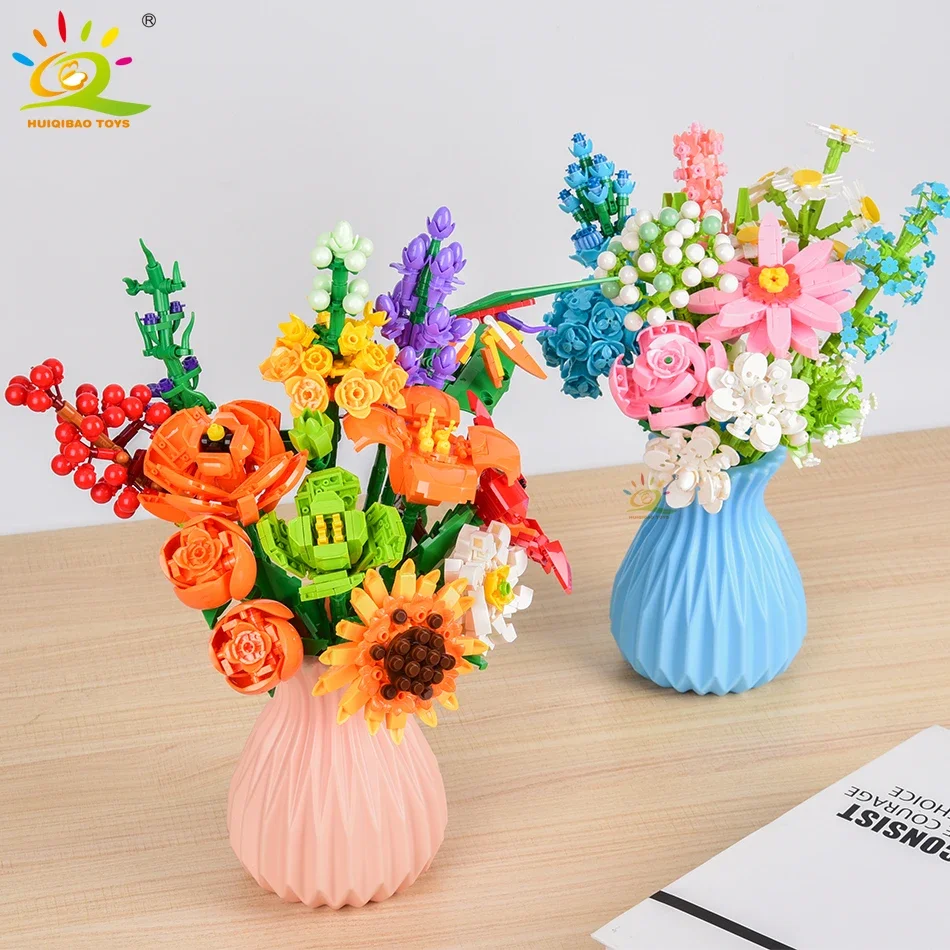 HUIQIBAO DIY MOC Flower Bouquet Model Building Blocks Plants Sunflower Bricks Kits Educational Toy For Children Girl Home Decor