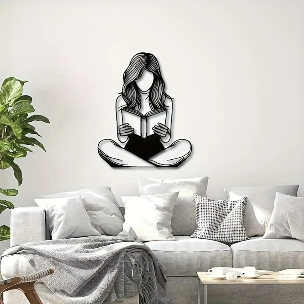Female Reading Iron Metal Wall Art, Book Lover Wall Decor for Living Room Bedroom, Reader Gift