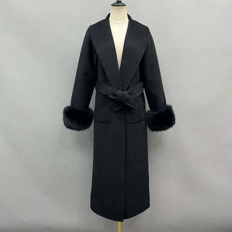 Lady Fashion Cashmere Wool Coat Long Winter Overcoat Natural Fox Fur Cuff Women's Trench Coat