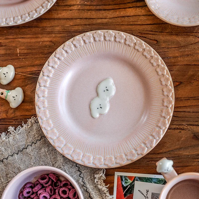 

Cute Relief Dog Bowl and Plate Set,Pink Series European Style Creative Dish with Romantic Lace Design,High-value Gift Tableware