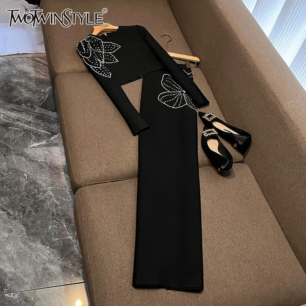 TWOTWINSTYLE Elegant Solid Two Piece Sets For Women Round Neck Long Sleeve Top High Waist Skirt Fresh Chic Set Female KSE554643