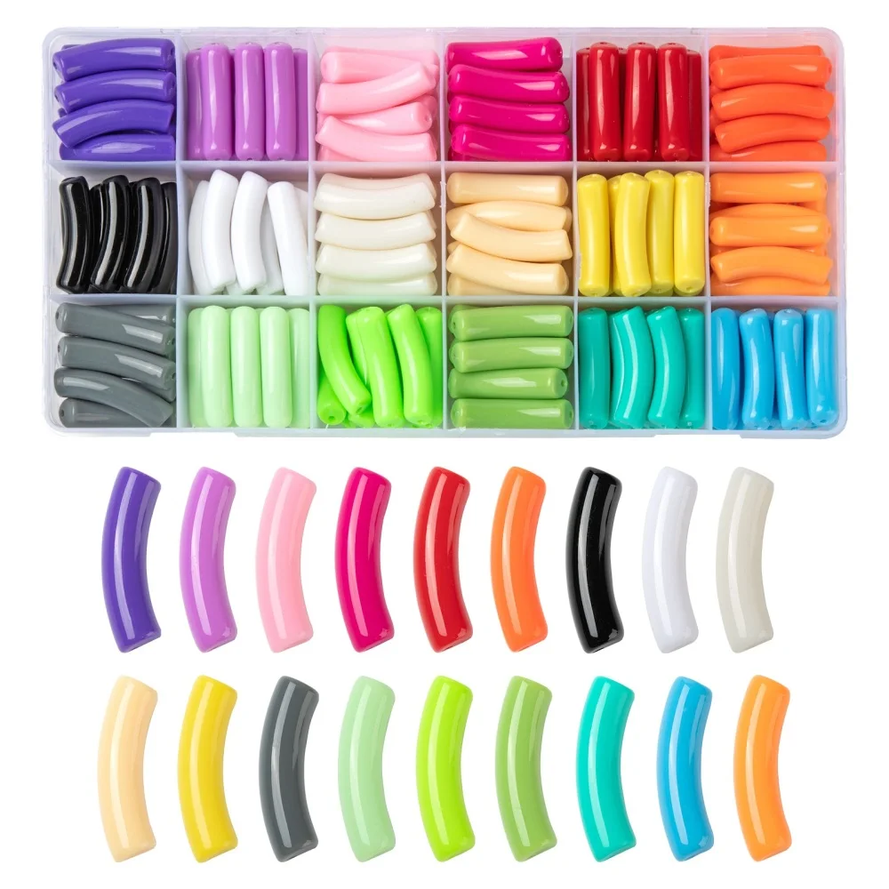 1Box/Bag Chunky Curved Tube Beads Colorful Opaque Acrylic Chunky Tube Beads for DIY Summer Bamboo Tube Bangles Stacking Bracelet