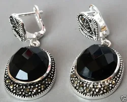 Vintage 925 Sterling Silver Natural Faceted Black Onyx Marcasite Earrings