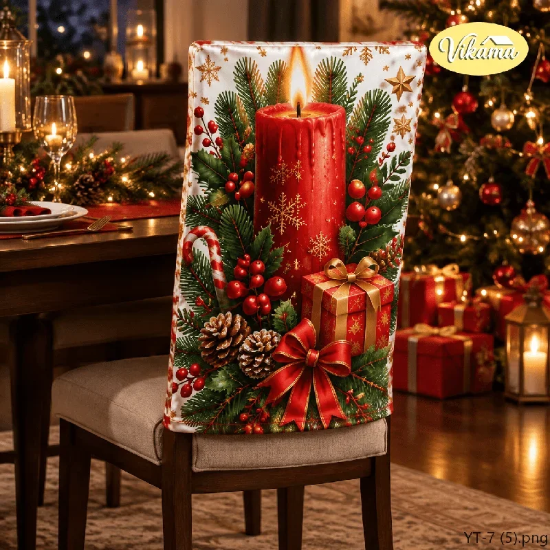 VIKAMA Christmas Candle Pine Chair Cover Non Slip Washable Seat Cover for Dining Room Kitchen Family Gathering Christmas Gift