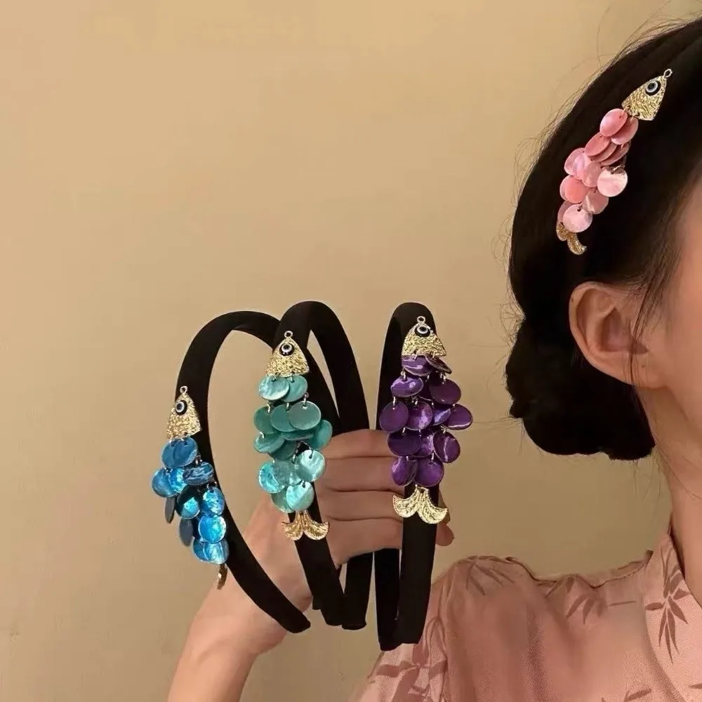 

Новая винтажная повязка для волос с рыбой кои, уникальная изящная повязка с пайетками, универсальная минималистичная повязка из искусственного перламутра, модный аксессуар