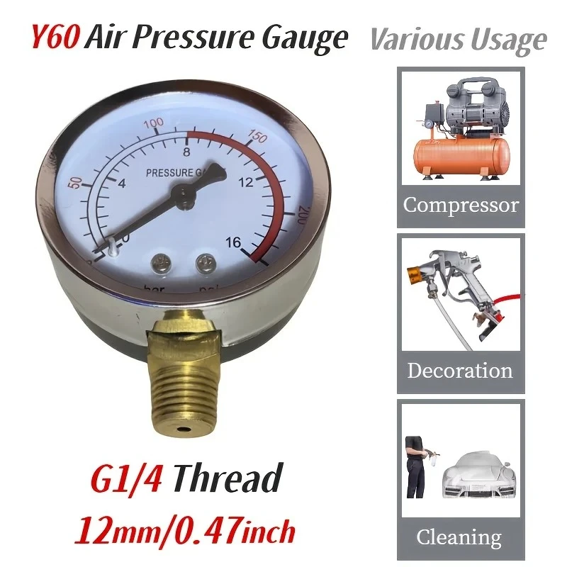 Y60 Air Pressure Gauge 12mm 1/4 BSP Thread Dual Scale 16 Bar 240 PSI for Air Compressors