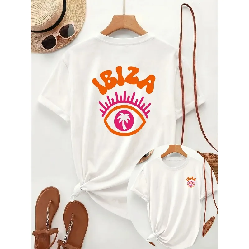 Ibiza Evil Eye Women's Retro Palm Tree Pattern T-shirt Summer Beach Vacation Short Sleeve Harajuku Casual Fashion Women's Top