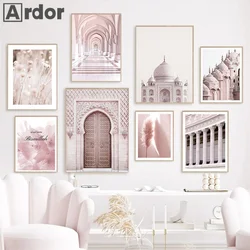 Bismillah Islamic Posters Morocco Door Pink Flower Eiffel Tower Canvas Painting Muslim Wall Art Print Pictures Living Room Decor