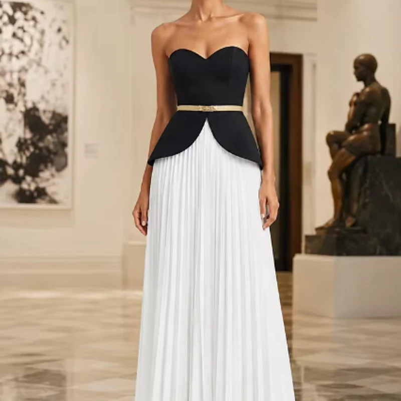 Elegant Sleeveless Draped Long Dresses Fashion Color-blocking Splicing Wedding Gowns Sexy Strapless Hight Waist Prom Party Dress