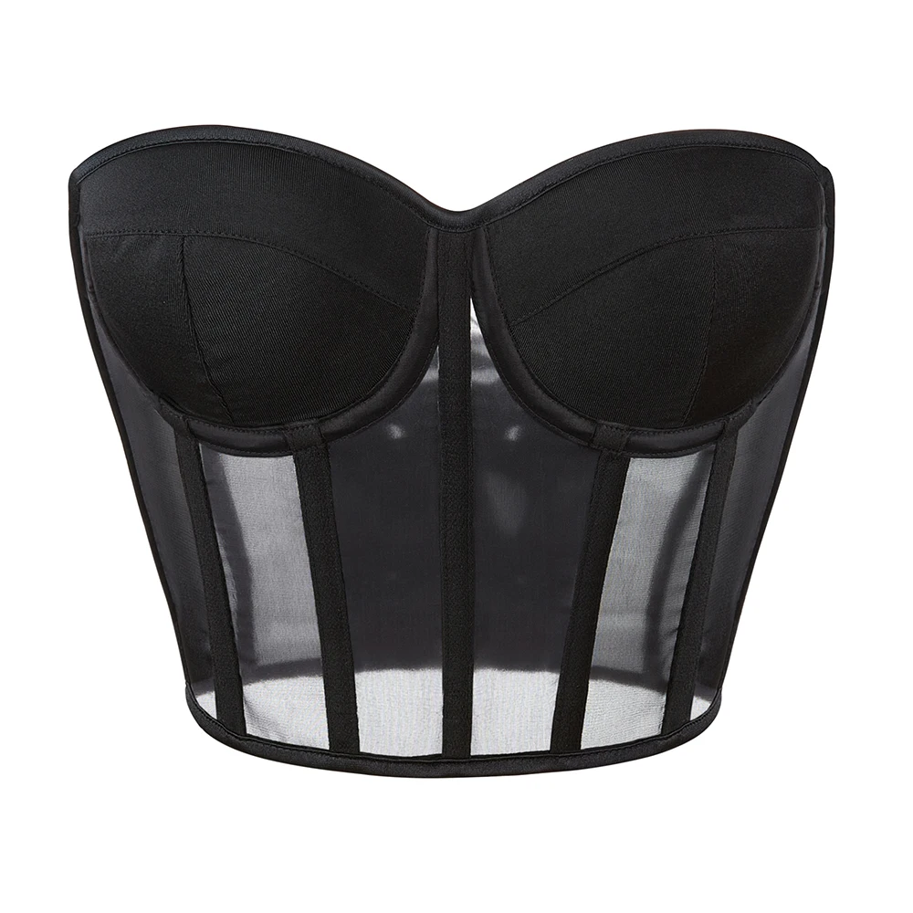 Sexy Overbust Corset Black Crop Tube Top Push Up Bra Lingerie Transparent Korset Bustier