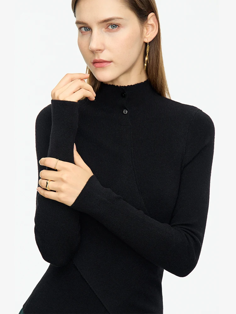 AMII Minimalism 2023 Autumn Pullovers For Women New Solid Half High Collar Slim Irregular Long Sleeve Sweater Female 12343124