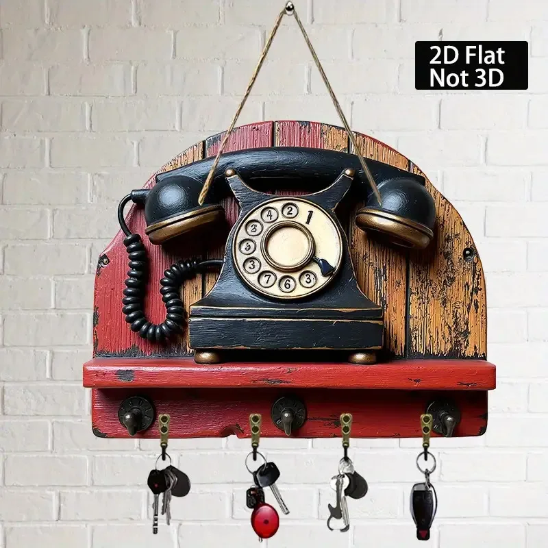 Vintage Rotary Phone 2D  Wooden Key Holder Black Golden Wall Mount Storage Box Space Saving Decor Porch Villa Home Keys Accessor