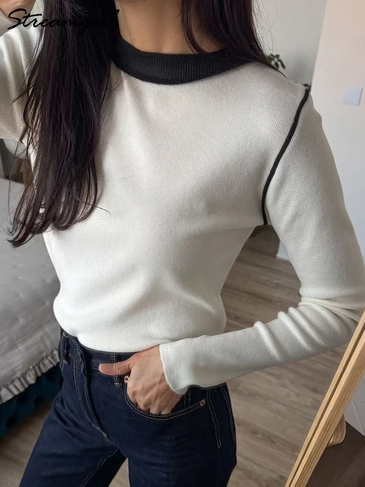 Streamgirl Light Sweater For Women Slim Knitwear Pullovers Jumpers Long Sleeve Top Office Wear For Women Colorblock Sweaters
