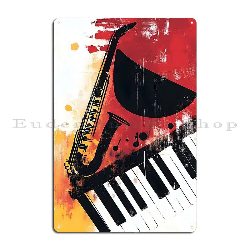 Enjoy The Melody Vibrant Saxophone And Piano In Dynamic Metal Plaque Poster Wall Decor Designer Sign Kitchen Tin Sign Poster