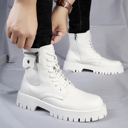 High Top Men's Boots Lace-Up Round Toe Leisure All-match Men's Casual Leather Shoes Non-slip Trend Rubber Winter Plush