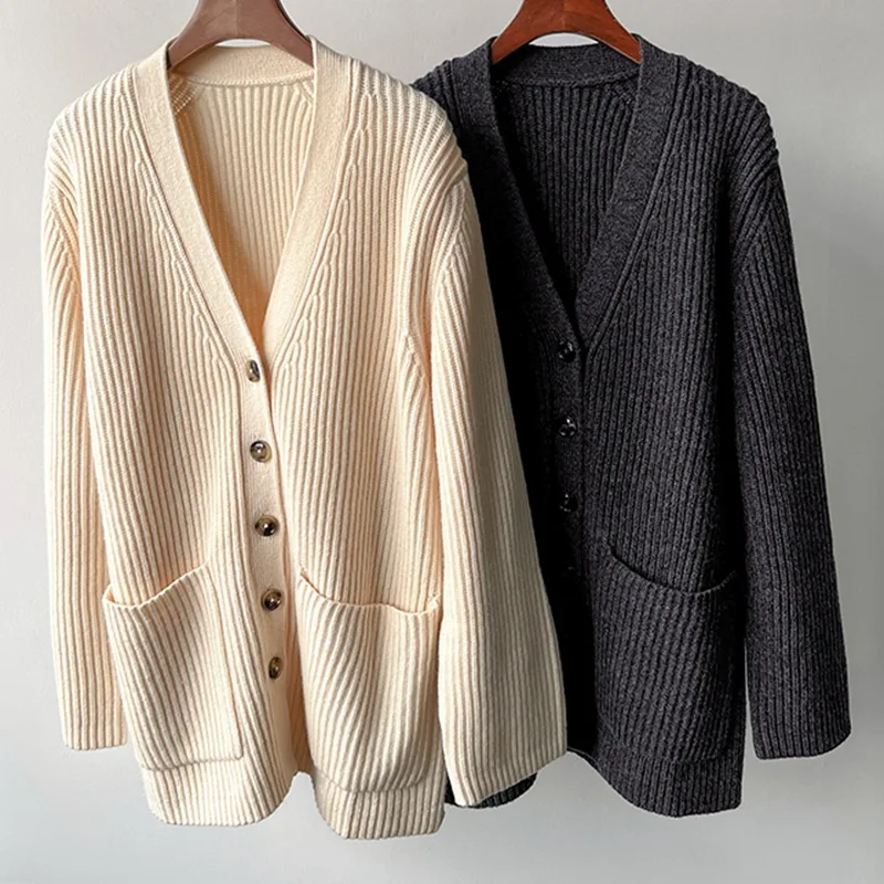 100% Wool Sweater Loose V-neck Single Breasted Rib Knitted Coat Cardigan for Lady