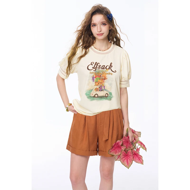 ELFSACK Women's Puff Short Sleeve Tee with Retro Car Fruit Graphic Print, Contrast Trim Crew Neck T-shirt for Summer Daily