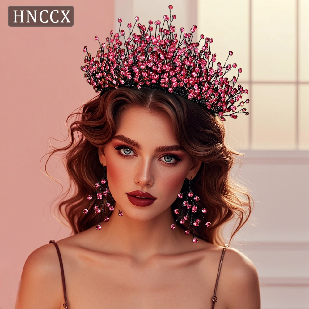 

HNCCX Baroque Rose Red Color Crystal Bridal Crown Rhinestone Headpieces Earring Set Headbands Wedding Hair Accessories CP846