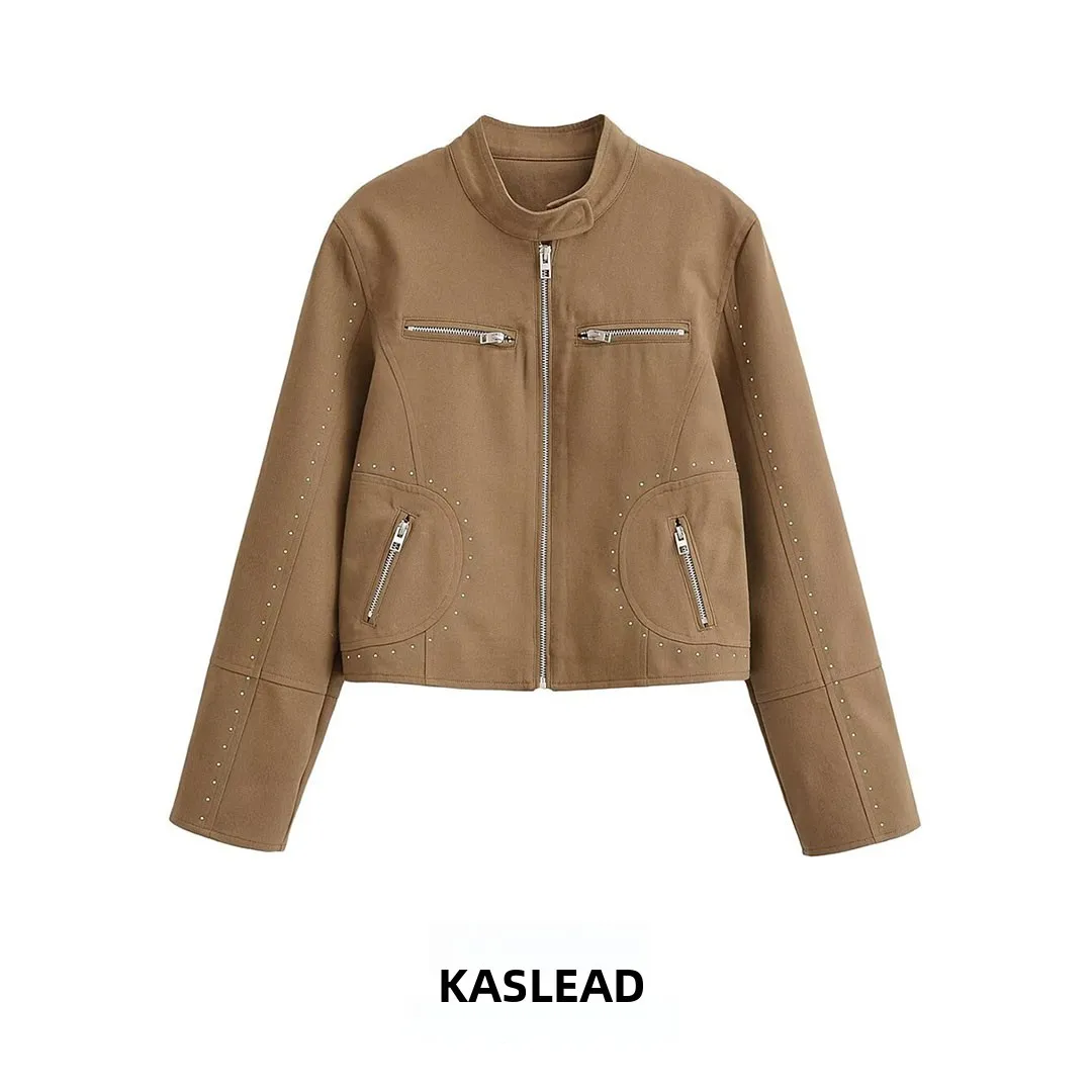 KASLEAD New Fashionable Street Style Women's Jacket with Rivets Stand Collar All-Match Outerwear Polyester Fiber Long Sleeve