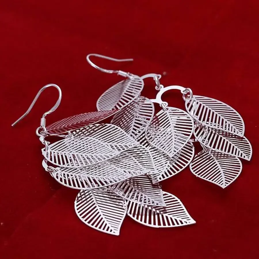 925 Sterling Silver Charms Women Cute Wedding Fashion Beautiful Retro Long Leaves Earring Jewelry Free Shipping Factory Price