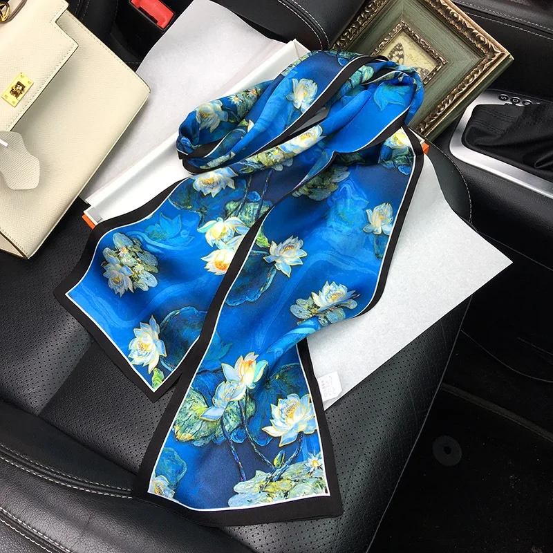 Double Layer 100% Silk Ring Scarf Wraps Luxury Horse Print Narrow Long Neckerchief Necktie Ladies Head Hair Scarves 150*16cm