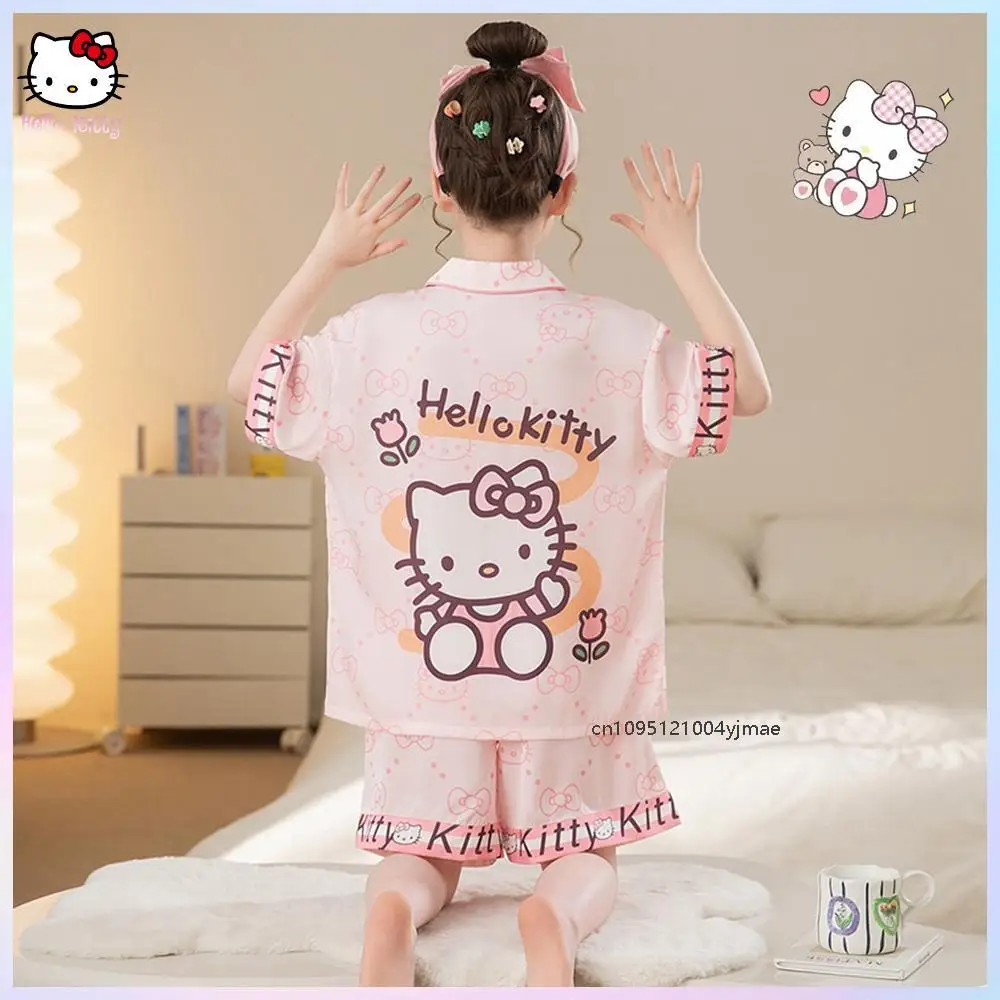 

Summer 2Pcs Hello Kitty Kuromi Children Pajama Sets Cartoon Anime Sanrio Cinnamoroll Ice Silk Short Sleeve T-Shirt Tops Shorts