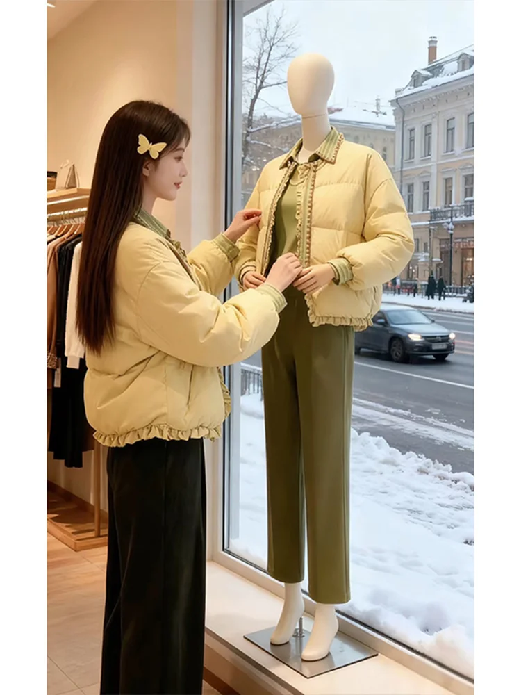 

Утепленная женская куртка в стиле ретро из Гонконга с кружевным декором, зимняя теплая свободная универсальная куртка-пуховик