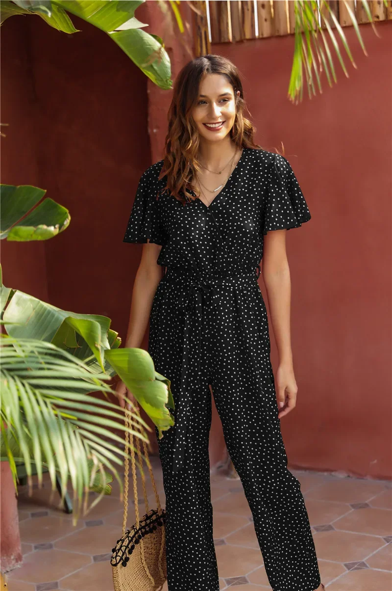 Dot Print Ruffle V-Neck Jumpsuits Summer Women Casual Loose Homewear Vintage Short Sleeve Playsuits 2021 Boho Rompers Overalls