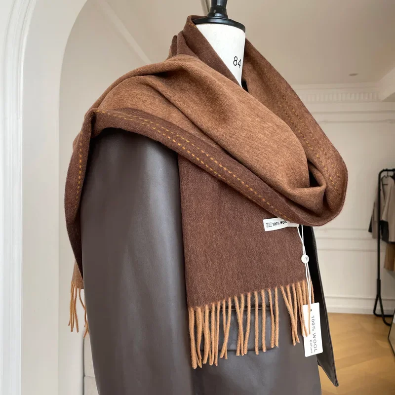 High Quality Australia100% Pure Wool Scarf Women Fall Winter Design Double-Sided Stitching Knitted Cashmere Shawl Female Muffler