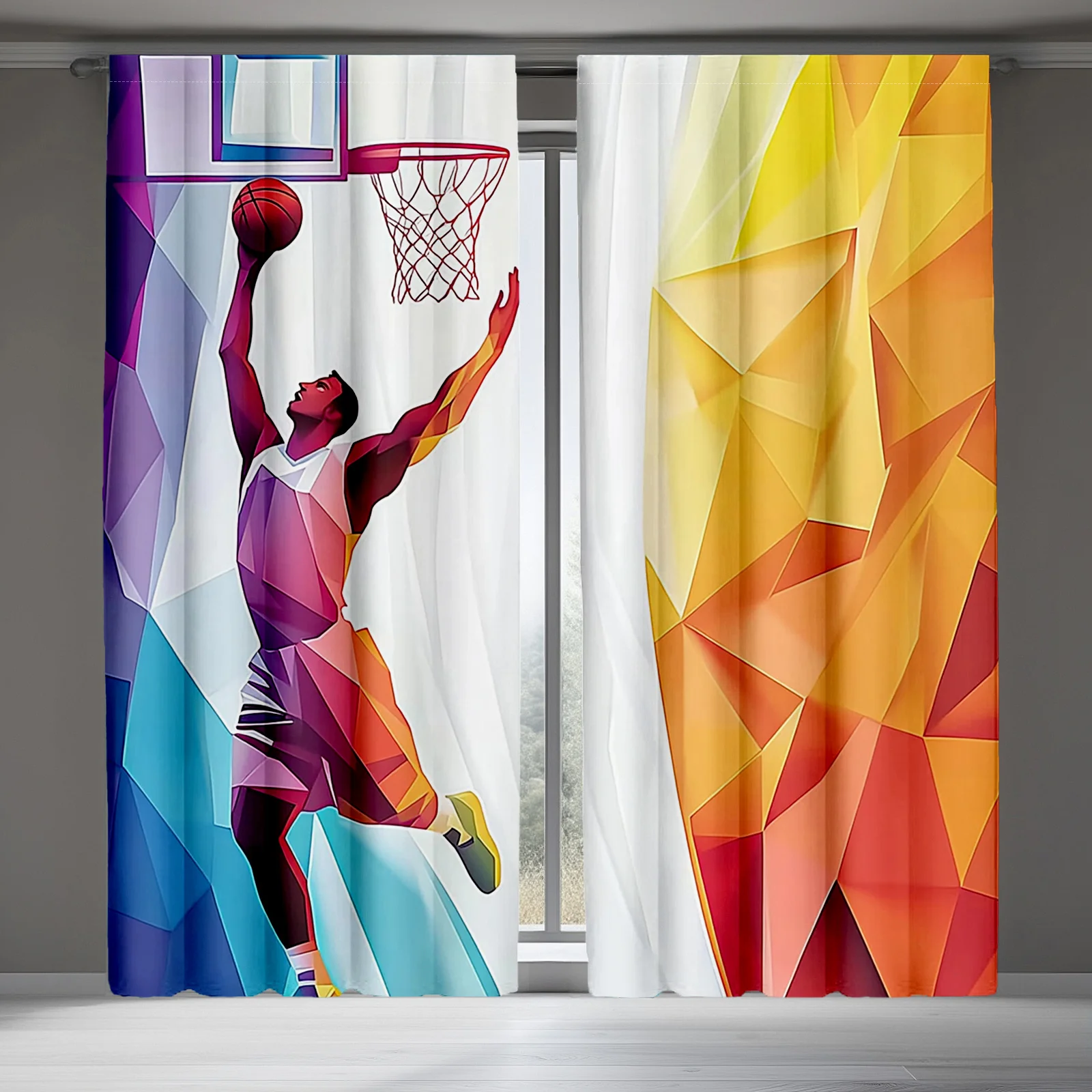 Colorful Basketball Player Curtain, Geometric Sports Art Drape, Vibrant Slam Dunk Home Decor for Boys Room Living Room Window