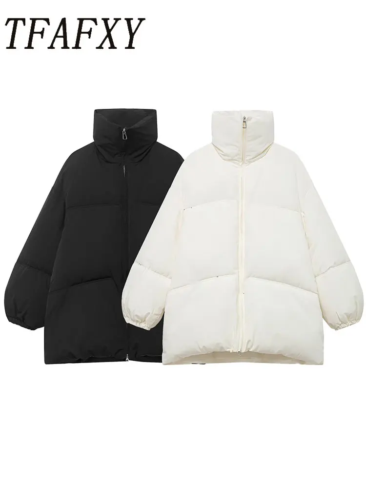 TFAFXY Women Winter Jacket Thicken Cotton Oversize Coats Elegant Long Sleeve Zipper Parkas Jackets Casual Fluffy New Outwear