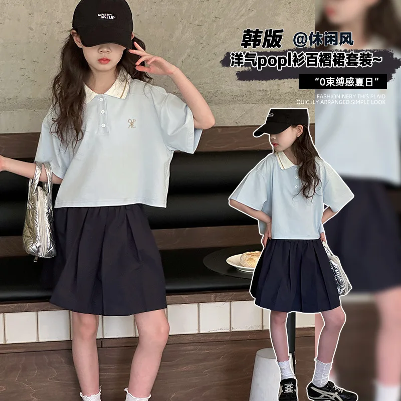 

Juxiong Children's Clothing2026Summer new style girls' fashion casual trendy bluepoloShirt and pleated skirt set