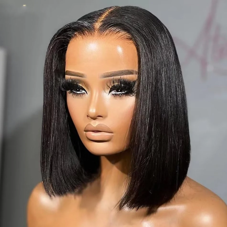 Wig Bob lurus pendek 13x4 Wig Bob rambut manusia 100% Brasil untuk wanita 4x4 Wig rambut manusia renda depan transparan telah ditanami