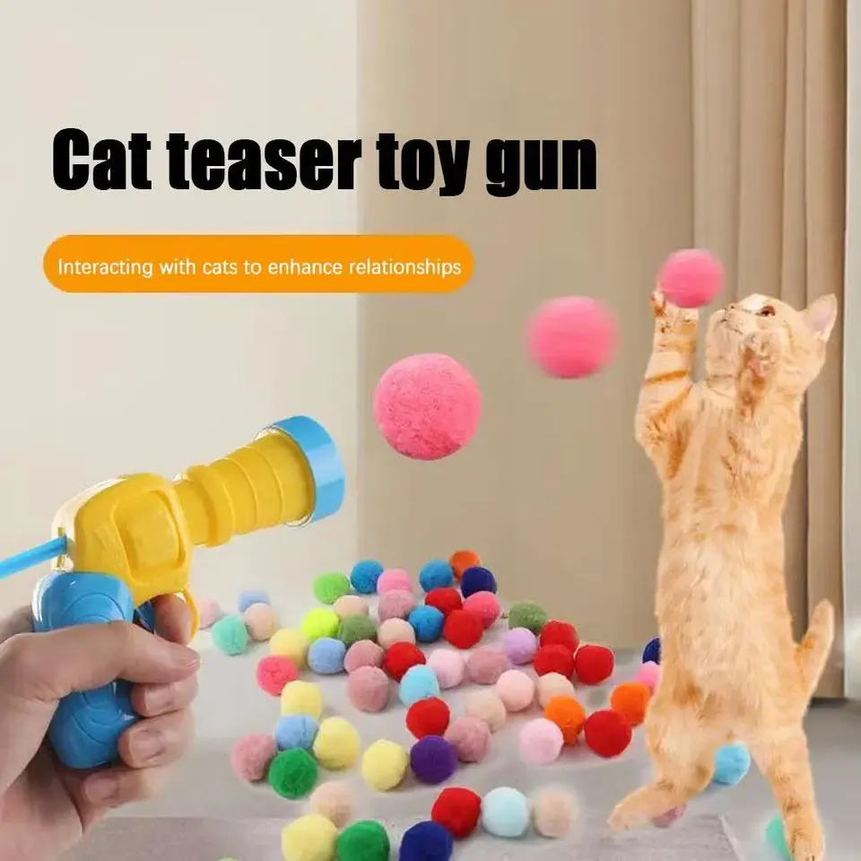  Cat Toys Interactive Launch Training Toy For Pet Kitten Creative Mini Shooting Gun Games Stretch Plush Ball Toys Pet Supplies 