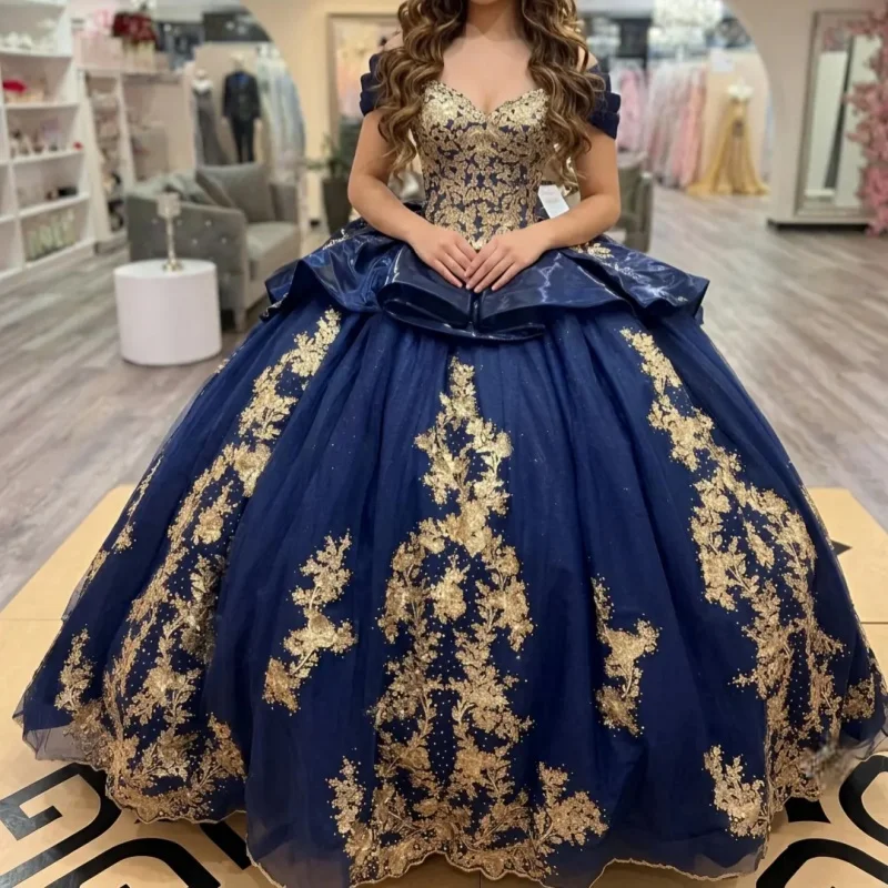 Dark Blue Quinceanera Dress Golden Glitter Flower Decal Long Tail Off-Shoulder Bow Vestidos De 15 Quinceanera Customize
