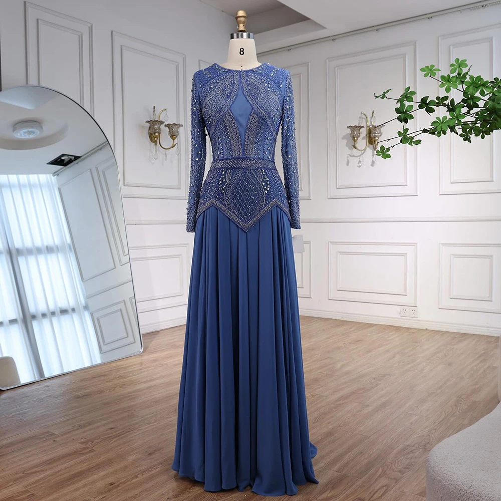 grey blue evening dress Long Formal Dress 5416bn by Blondie Nites Navy / 9