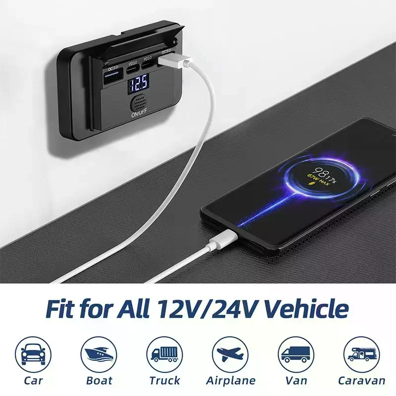 102W Upgraded 4 Port 12V USB Outlet Dual QC3.0 PD3.0: Type-C Wall Mount Waterproof Charger LED Voltmeter Switch