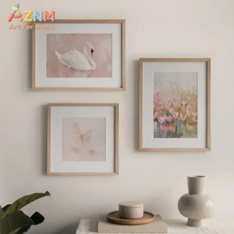 AZNM Pink Swan Butterfly Bow Canvas Wall Art, Soft Pastel Floral Watercolor Girls Nursery Art Print, Unframed Canvas Painting fo