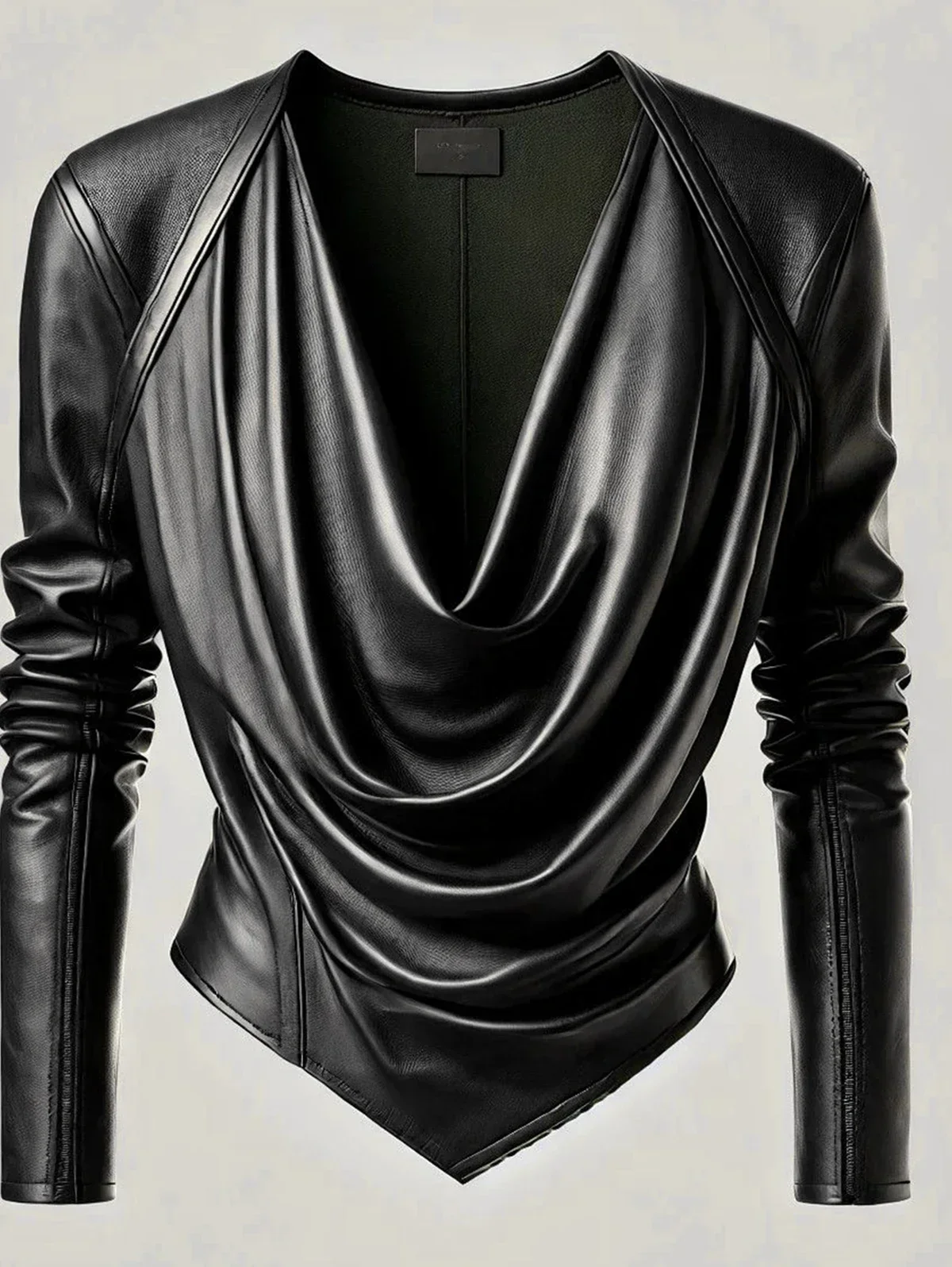 Women Novelty Tops Cowl V Neck PU Leather Long Sleeve Blouse Cinched Irregular Hem Ruched Leather T Shirt High Street T shirts