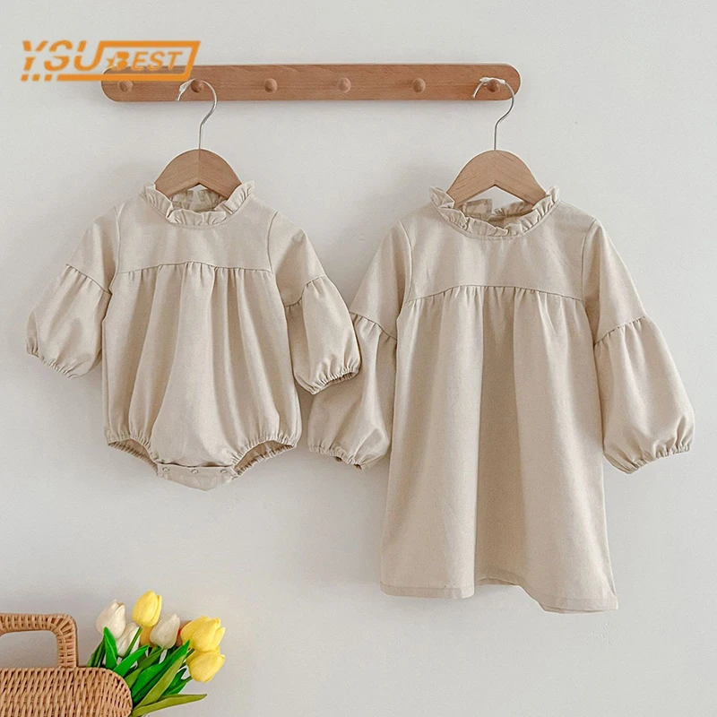 Infant Kids Baby Girls Long Sleeve Solid Color Sisters Dress Spring Autumn Newborn Kids Baby Girls Princess Clothes Rompers