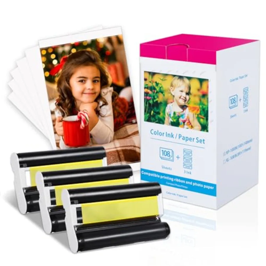 Compatible Canon Selphy CP1500 CP1300 Paper and Ink KP-108IN 3 Color Ink Cartridges and108 Sheets 4x6 Photo Paper 3xKP-36IP for