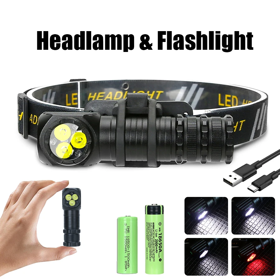 High Power 3LED Headlamp Use 18650 or 18500 Battery Super Bright 1300LM with Tail Magnet Outdoor Camping Fishing Headlight