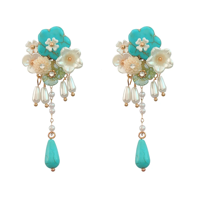 Cute Flower Earrings For Women Cream Imitation Pearls Turquoise Color Resin Cluster Beads Romantic Fashion Jewelry Party 2023398