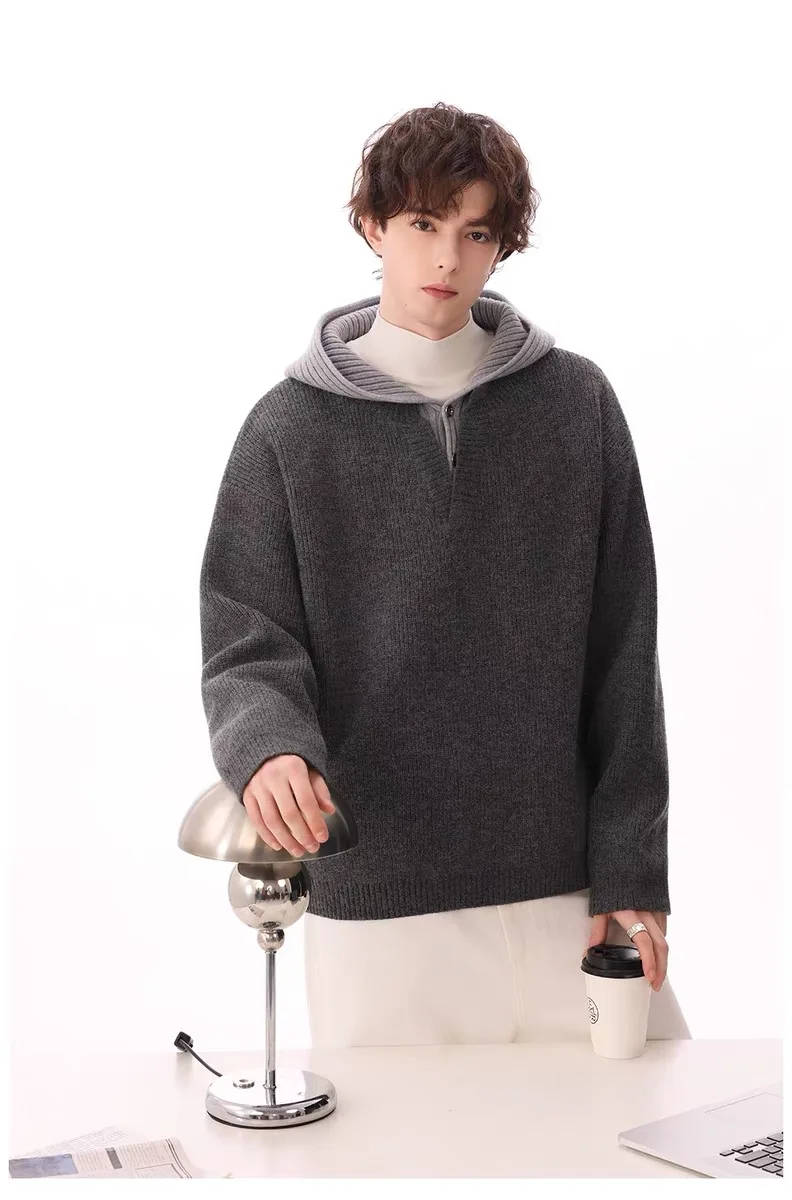 Men's high sense 100% pure cashmere padded warm fake two-piece hooded sweater for boys in winter