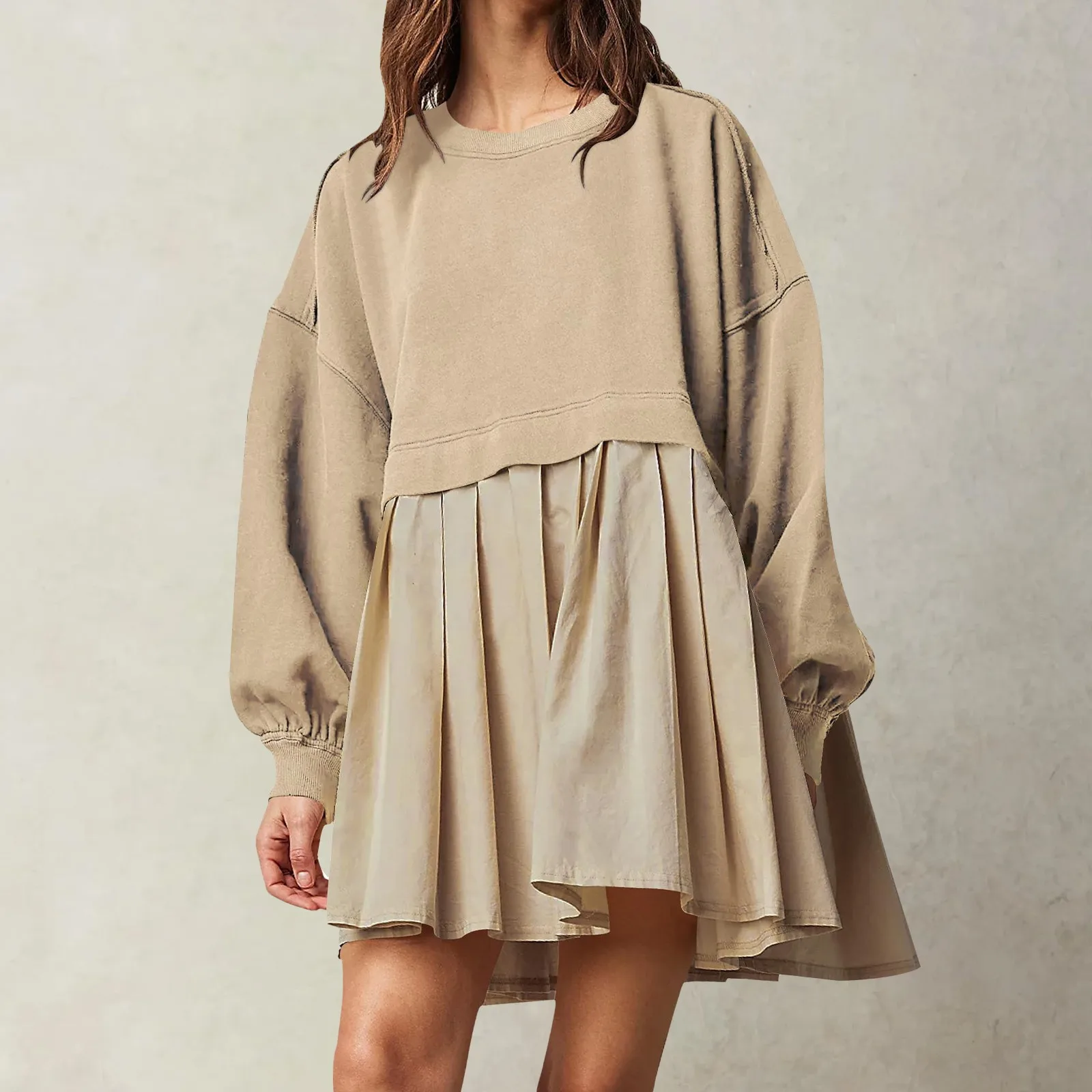 Autumn Women Oversized Sweatshirt Dresses Long Sleeve Crewneck Pullover Tops Relaxed Fit Color Patchwork Sweatshirts Mini Dress
